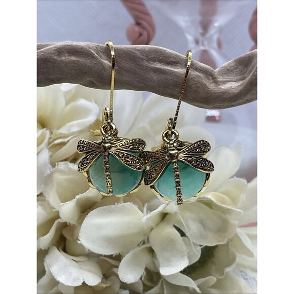 Gold plate Iridescent Dragonfly Wire Green Earrings Fall Gift Mom Birthday Wife - Picture 8 of 15